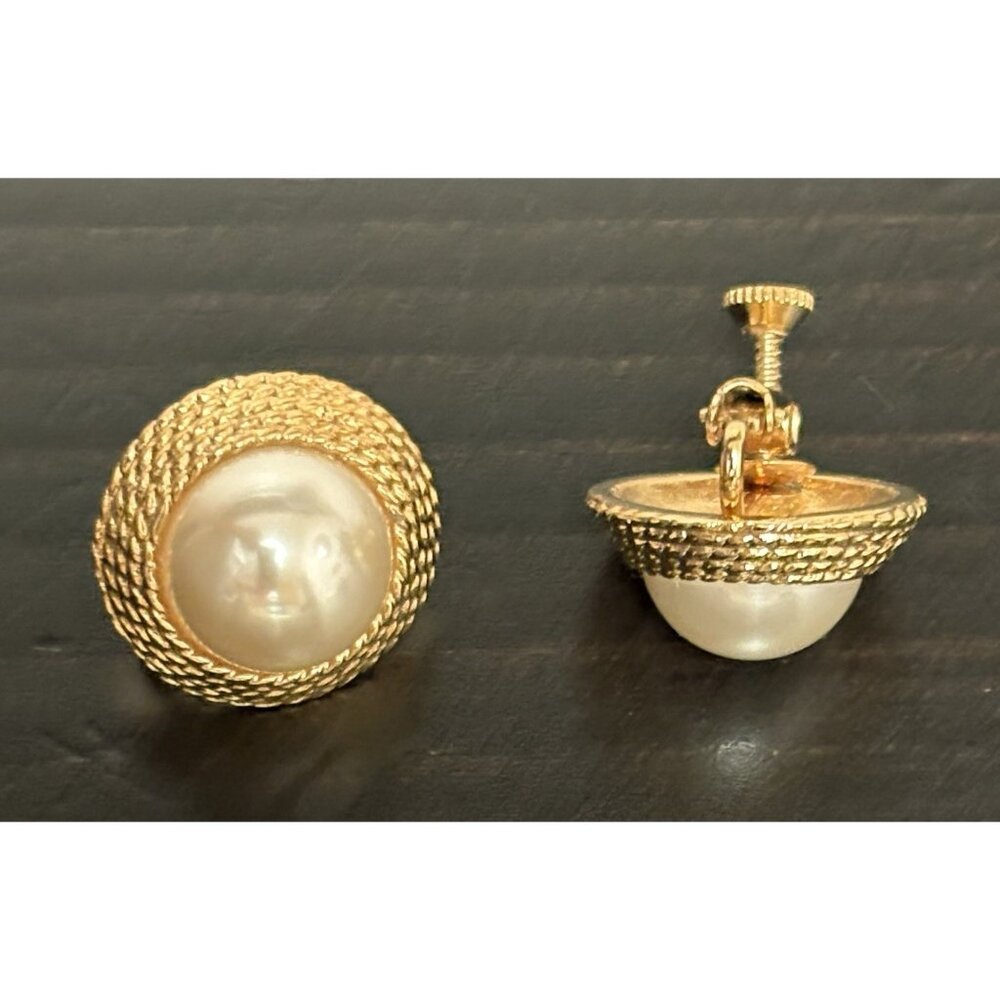 Vintage Napier Round Clip-On Earrings Goldtone With Faux Pearl Adjustable Back